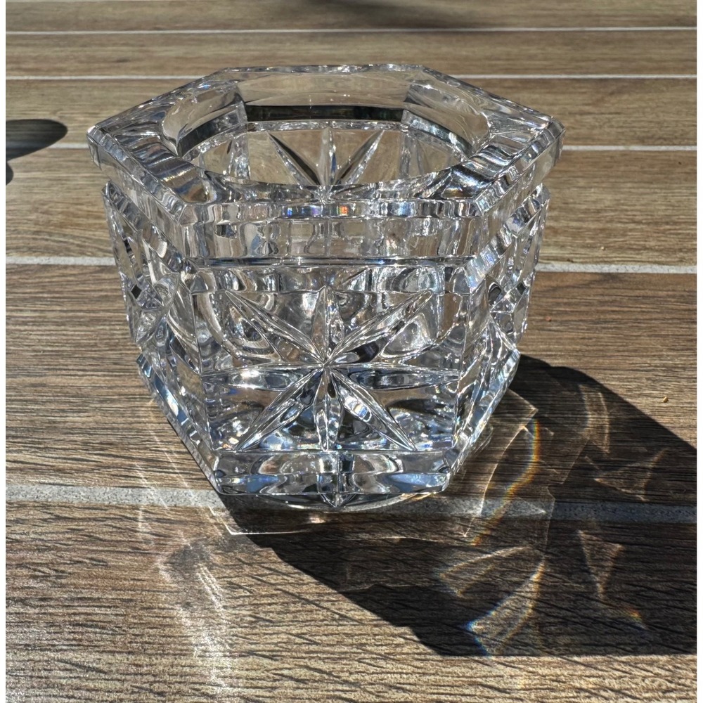 Heavy Hexagon Lead Crystal Votive Candle Holder Starburst Diamond Cut Clear 3in